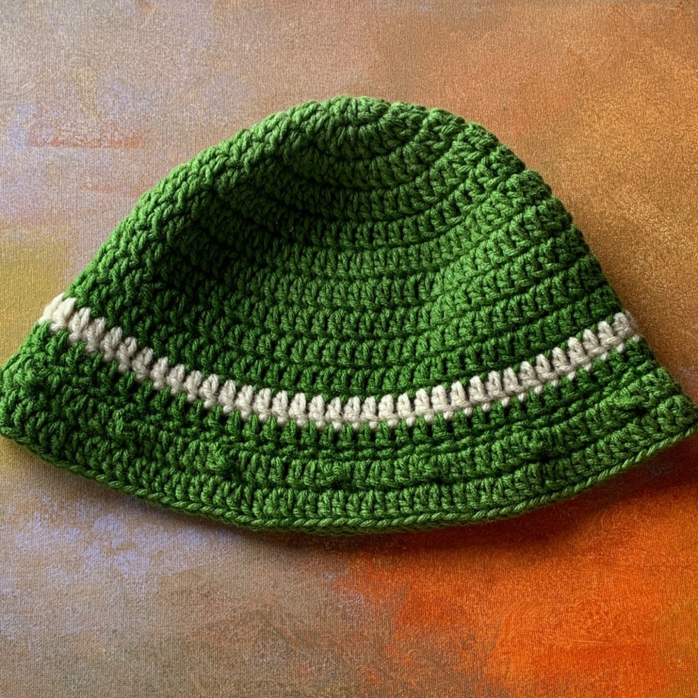 Handmade Crochet bucket hat. Green and white kids Hat
